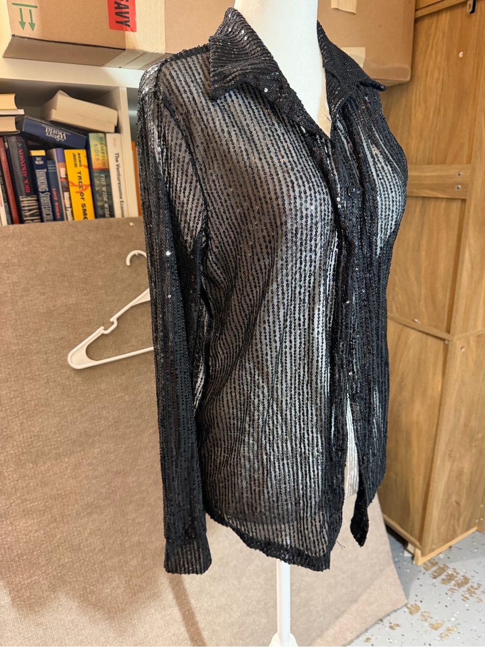Black Sequin Sheer Button-Down Top